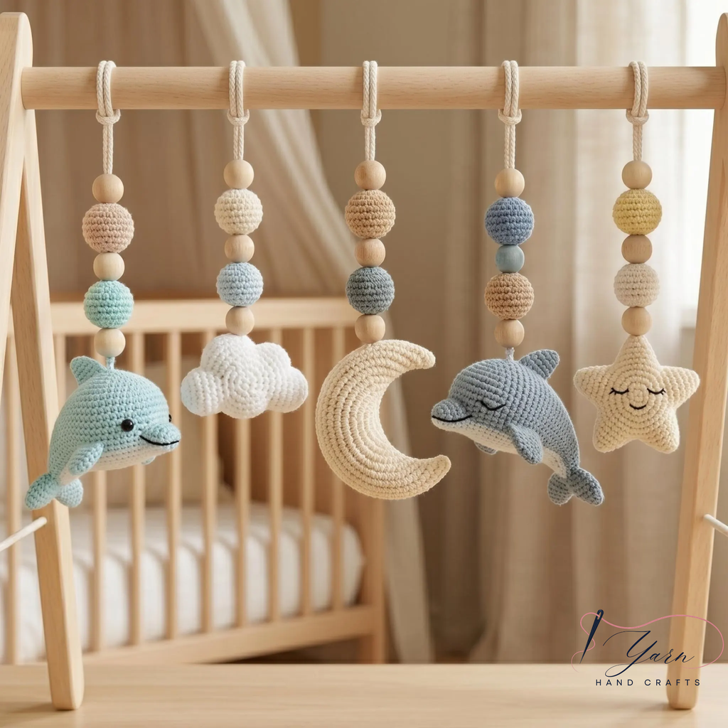Handmade Custom Dolphin Baby Play Gym, Wooden Montessori Activity Gym, Crochet Ocean Nursery Toys, Neutral Sea Baby Decor, Baby Shower Gift