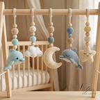 Handmade Custom Dolphin Baby Play Gym, Wooden Montessori Activity Gym, Crochet Ocean Nursery Toys, Neutral Sea Baby Decor, Baby Shower Gift