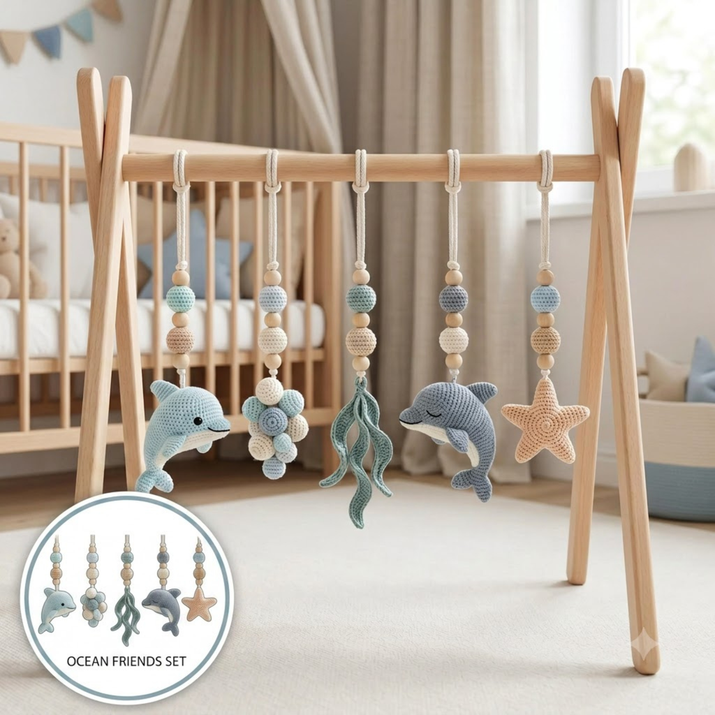 Handmade Custom Dolphin Baby Play Gym, Wooden Montessori Activity Gym, Crochet Ocean Nursery Toys, Neutral Sea Baby Decor, Baby Shower Gift