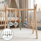 Handmade Custom Dolphin Baby Play Gym, Wooden Montessori Activity Gym, Crochet Ocean Nursery Toys, Neutral Sea Baby Decor, Baby Shower Gift