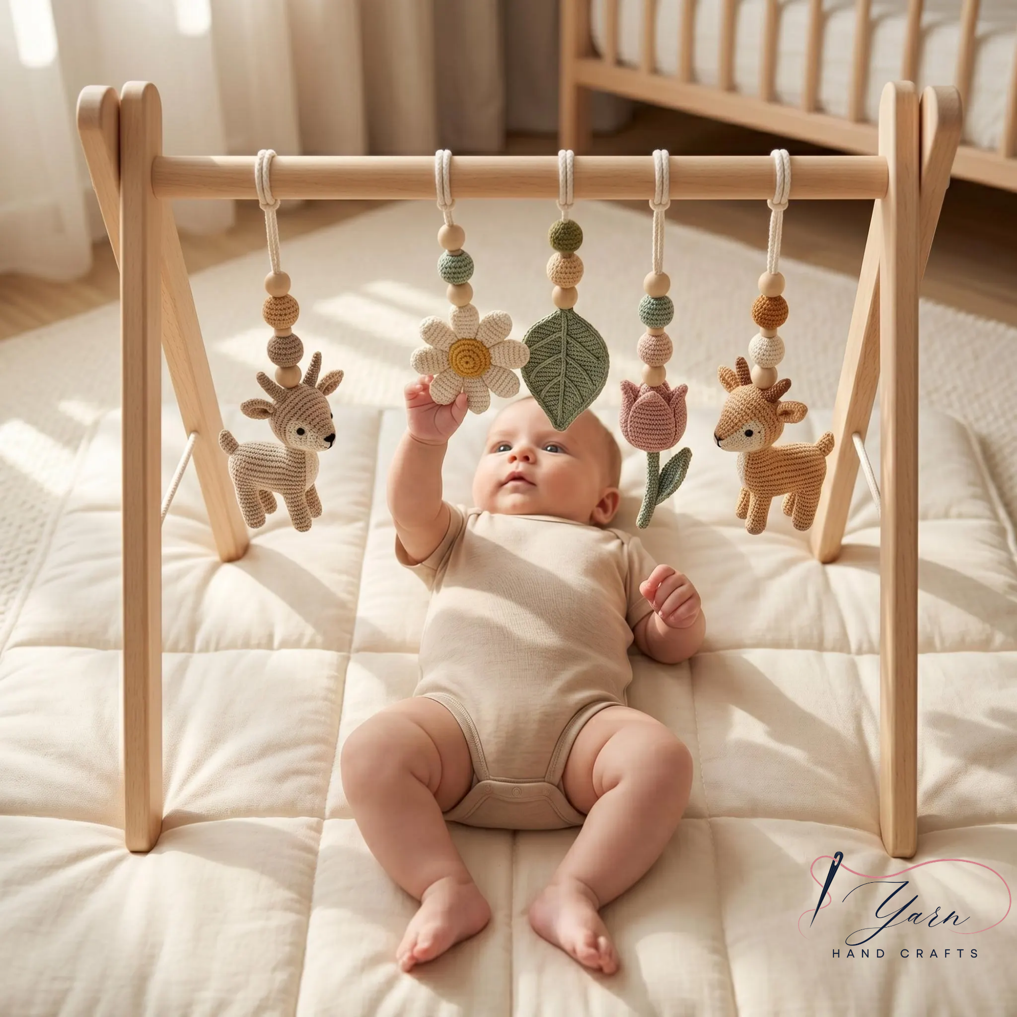 Crochet Baby Play Gym, Wooden Montessori Baby Gym, Deer Nursery Mobile, Handmade Baby Activity Gym, Neutral Nursery Decor, Baby Shower Gift