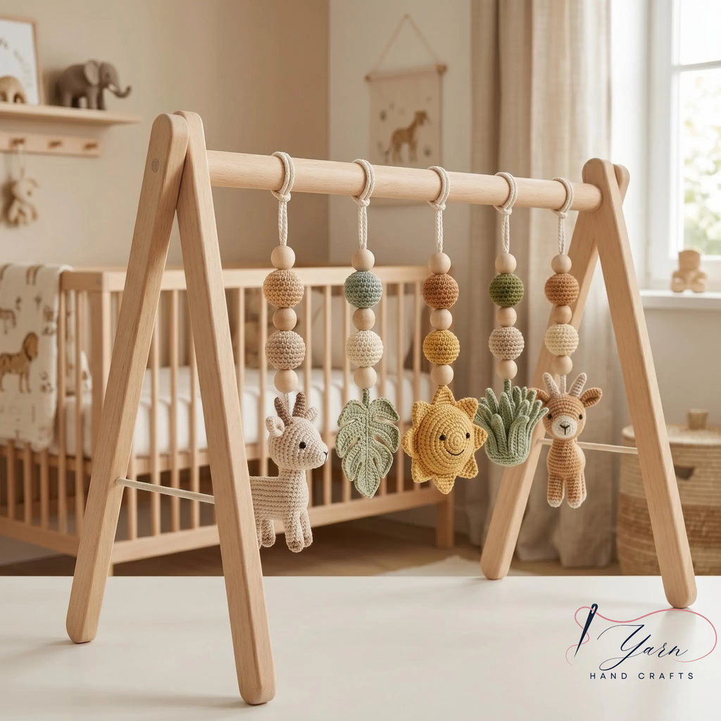 Crochet Baby Play Gym, Wooden Montessori Baby Gym, Deer Nursery Mobile, Handmade Baby Activity Gym, Neutral Nursery Decor, Baby Shower Gift