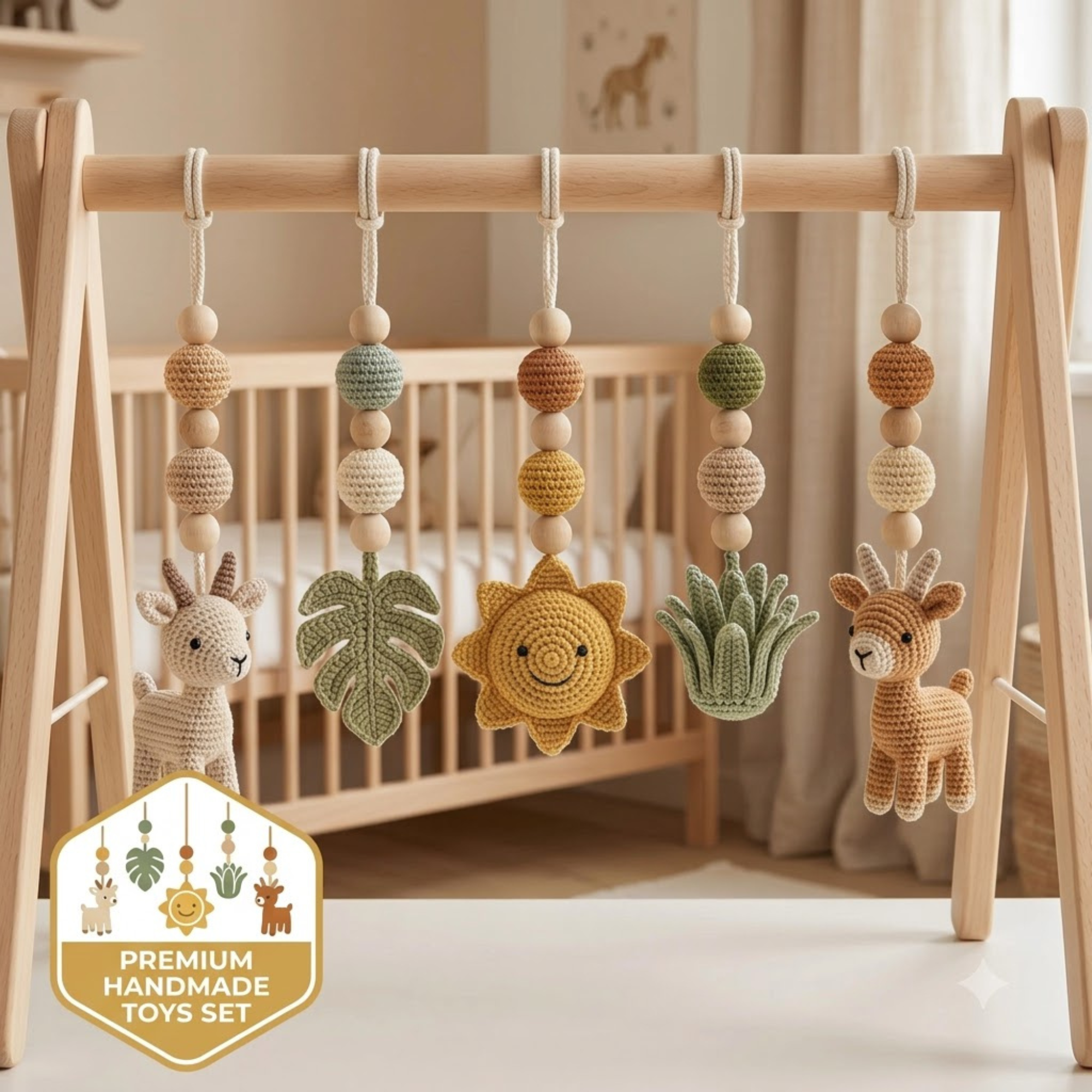 Crochet Baby Play Gym, Wooden Montessori Baby Gym, Deer Nursery Mobile, Handmade Baby Activity Gym, Neutral Nursery Decor, Baby Shower Gift