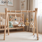 Handmade Crochet Baby Gym, Wooden Montessori Play Gym with Rhino & Rainbow Toys, Neutral Nursery Decor, Baby Shower Gift, Newborn Gift