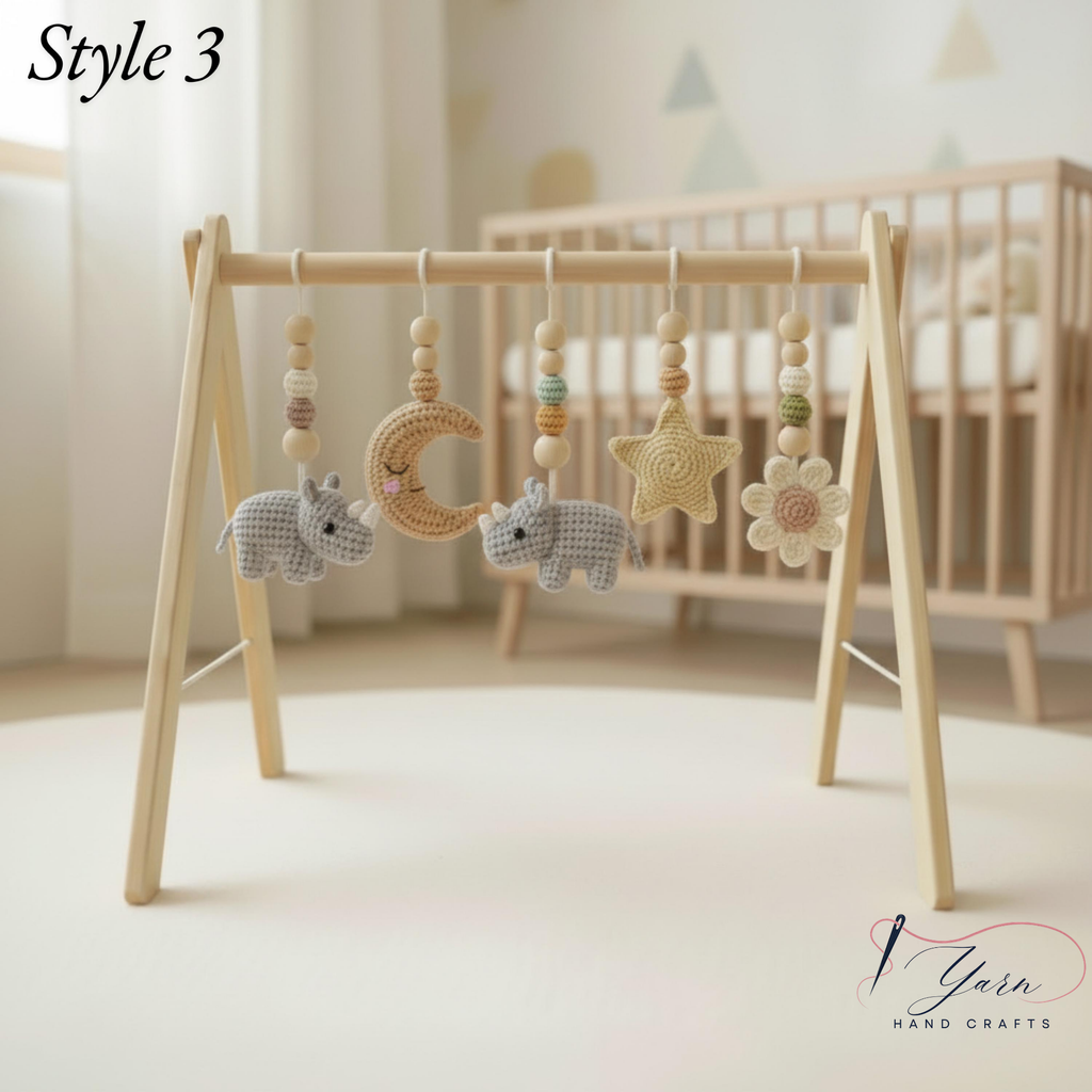 Handmade Crochet Baby Gym, Wooden Montessori Play Gym with Rhino & Rainbow Toys, Neutral Nursery Decor, Baby Shower Gift, Newborn Gift