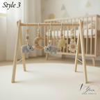 Handmade Crochet Baby Gym, Wooden Montessori Play Gym with Rhino & Rainbow Toys, Neutral Nursery Decor, Baby Shower Gift, Newborn Gift