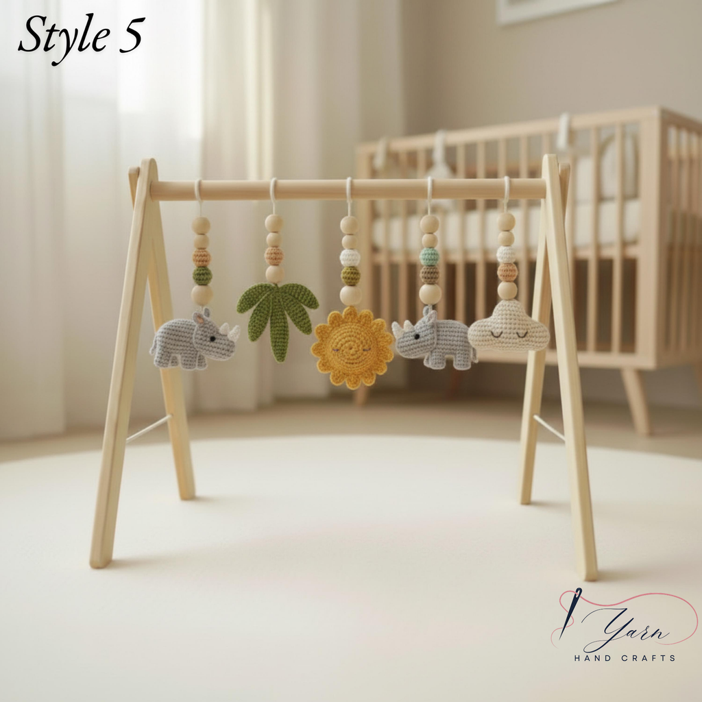 Handmade Crochet Baby Gym, Wooden Montessori Play Gym with Rhino & Rainbow Toys, Neutral Nursery Decor, Baby Shower Gift, Newborn Gift