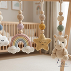 Handmade Crochet Baby Gym, Wooden Montessori Play Gym with Rhino & Rainbow Toys, Neutral Nursery Decor, Baby Shower Gift, Newborn Gift