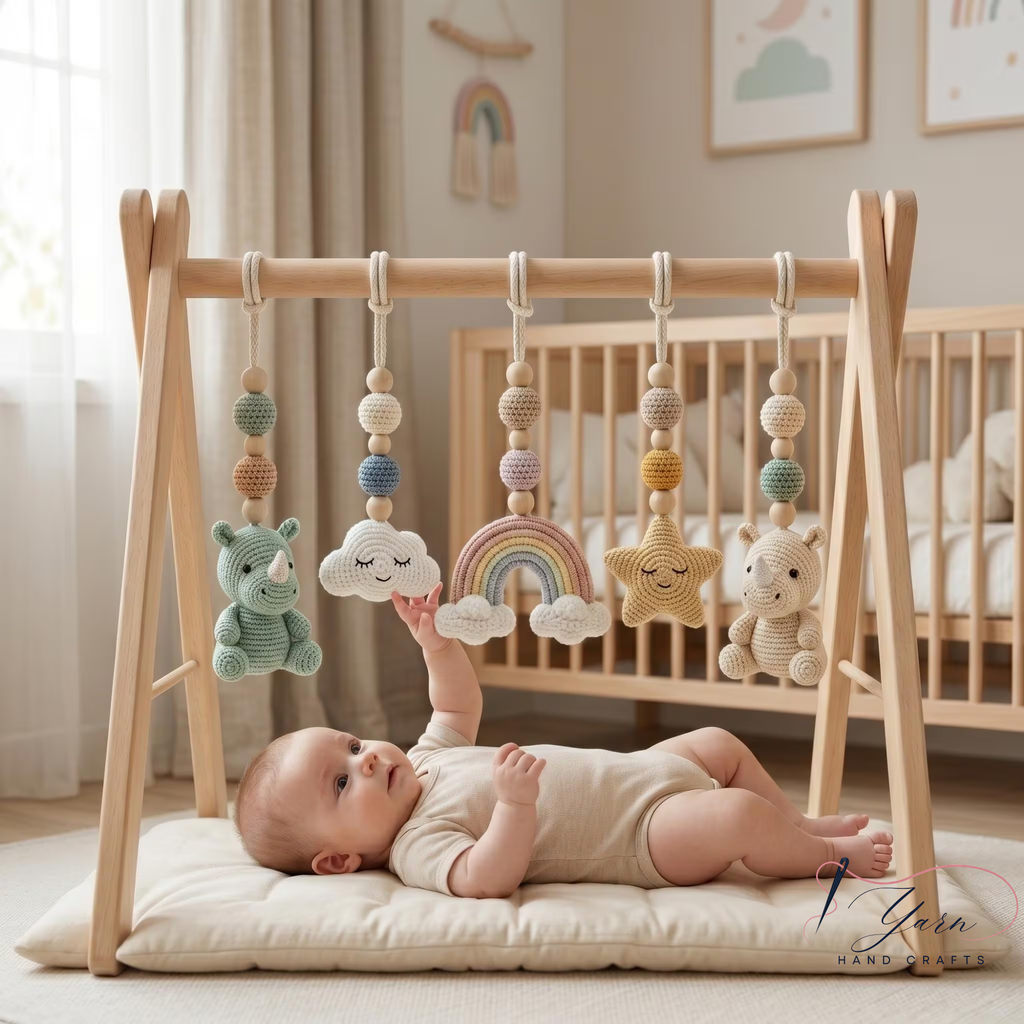 Handmade Crochet Baby Gym, Wooden Montessori Play Gym with Rhino & Rainbow Toys, Neutral Nursery Decor, Baby Shower Gift, Newborn Gift