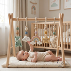Handmade Crochet Baby Gym, Wooden Montessori Play Gym with Rhino & Rainbow Toys, Neutral Nursery Decor, Baby Shower Gift, Newborn Gift