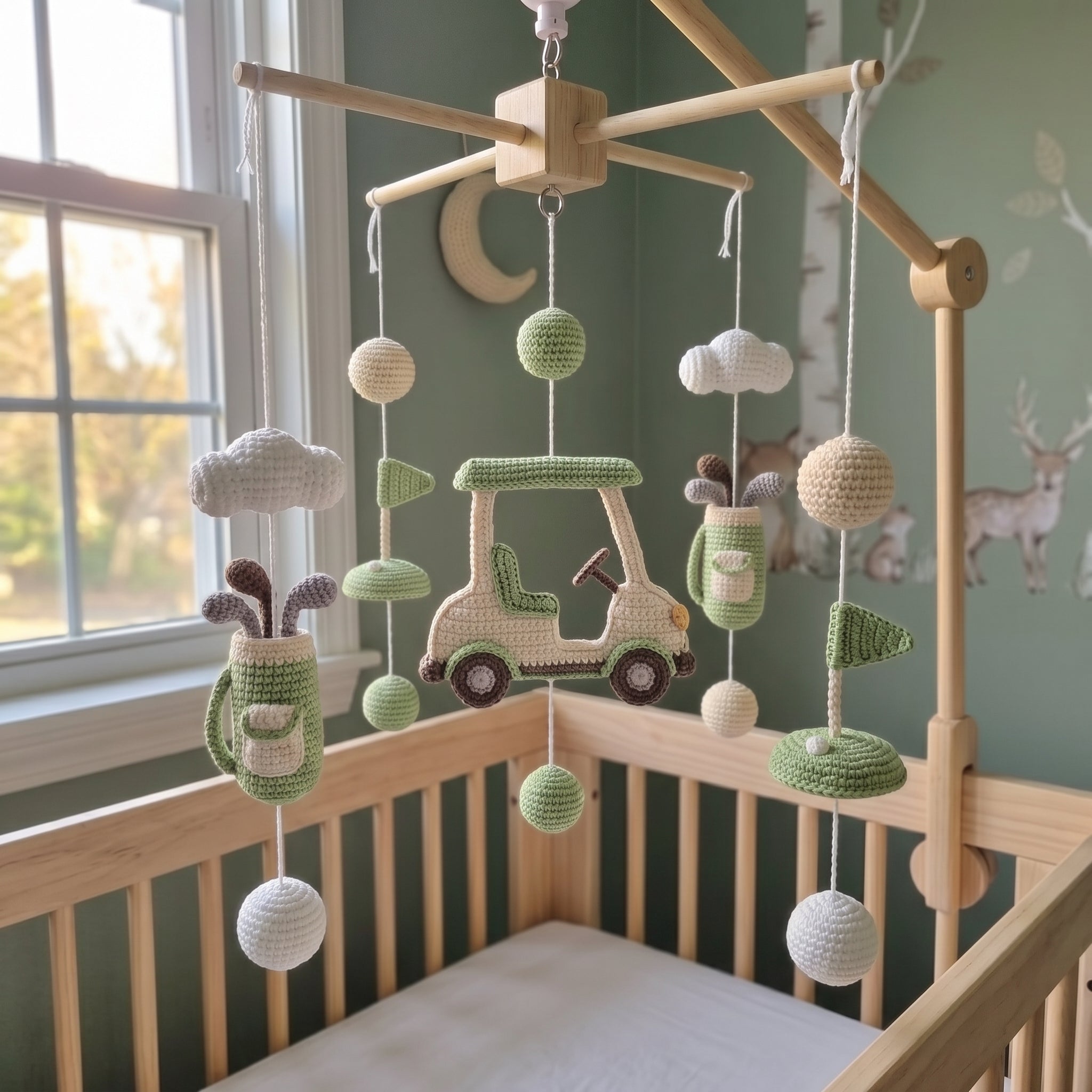 Crochet Golf Baby Mobile, Golf Cart Club Bag Flag Crib Decor, Sports Nursery Hanging, Baby Shower Gift for Boy or Girl Nursery Room Decor