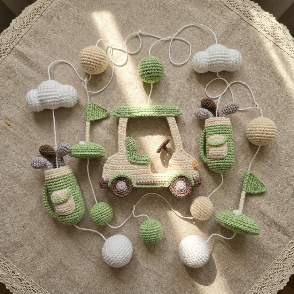 Crochet Golf Baby Mobile, Golf Cart Club Bag Flag Crib Decor, Sports Nursery Hanging, Baby Shower Gift for Boy or Girl Nursery Room Decor