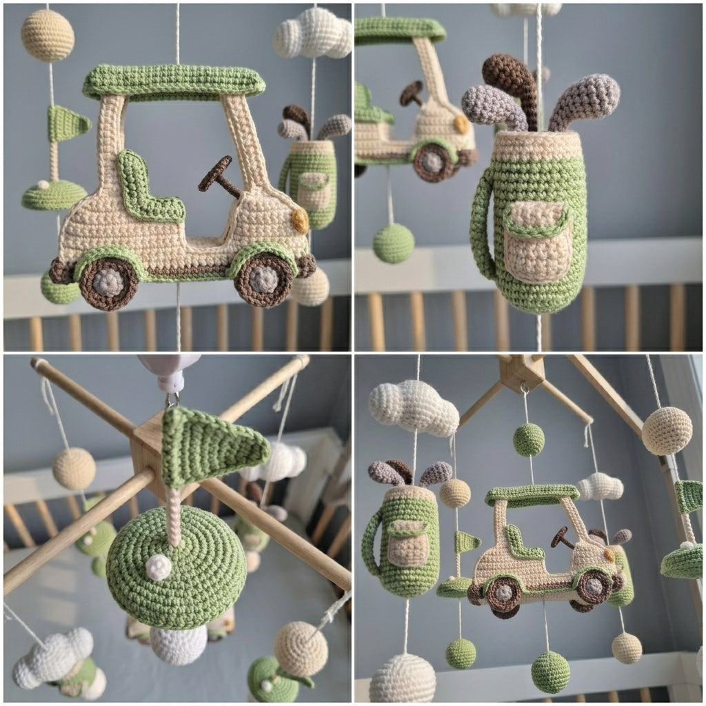 Crochet Golf Baby Mobile, Golf Cart Club Bag Flag Crib Decor, Sports Nursery Hanging, Baby Shower Gift for Boy or Girl Nursery Room Decor