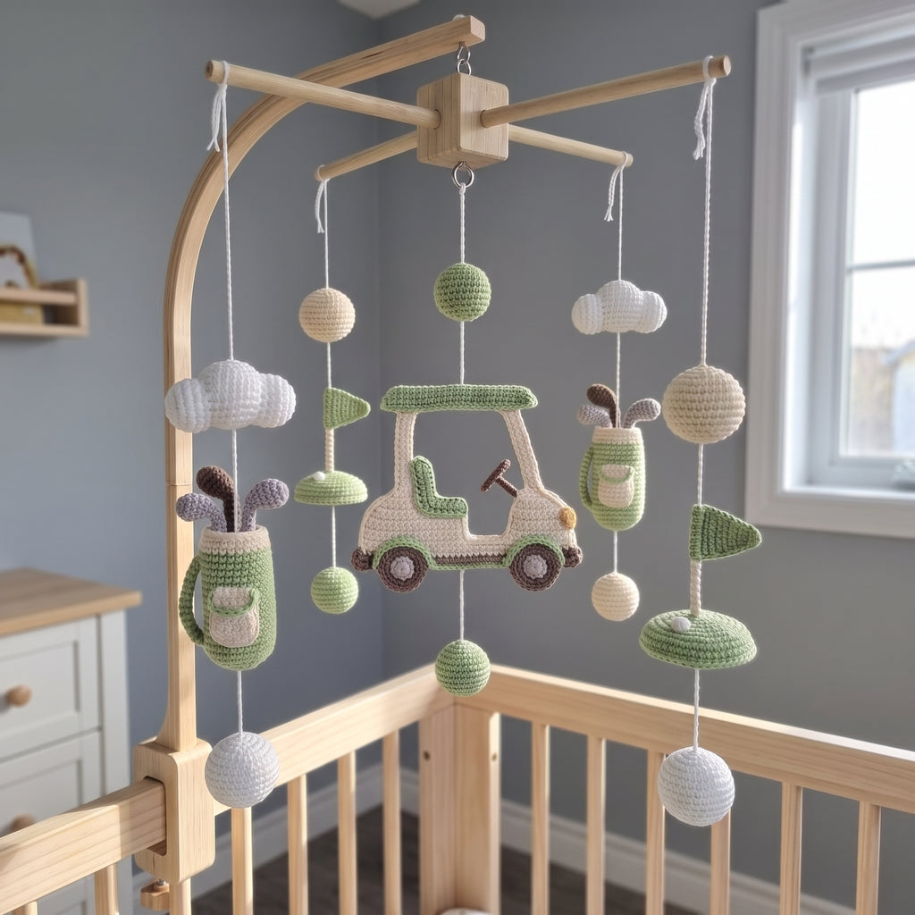 Crochet Golf Baby Mobile, Golf Cart Club Bag Flag Crib Decor, Sports Nursery Hanging, Baby Shower Gift for Boy or Girl Nursery Room Decor