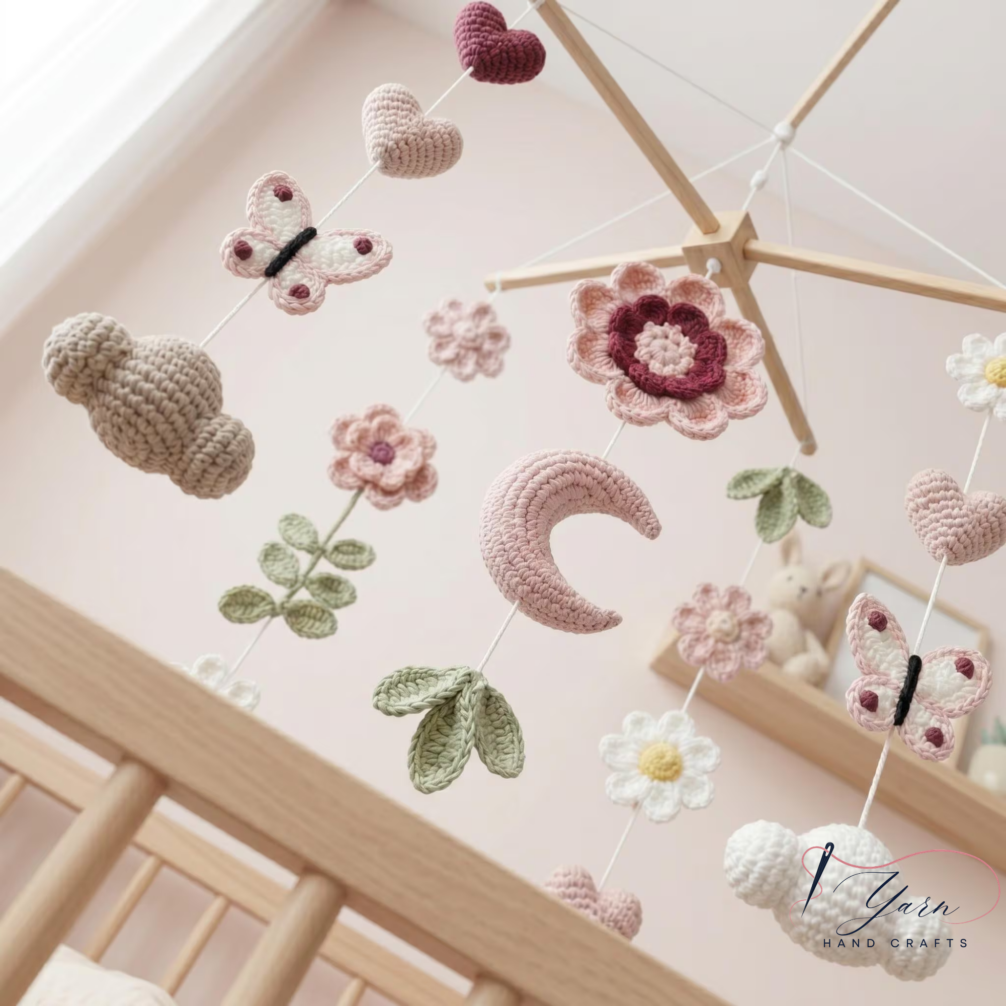 Handmade Floral Baby Mobile, Crochet Flower Crib Mobile with Butterflies, Moon & Hearts, Neutral Nursery Decor, Baby Shower Gift