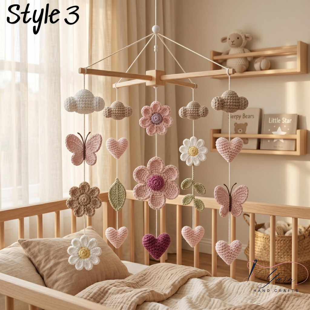 Handmade Floral Baby Mobile, Crochet Flower Crib Mobile with Butterflies, Moon & Hearts, Neutral Nursery Decor, Baby Shower Gift