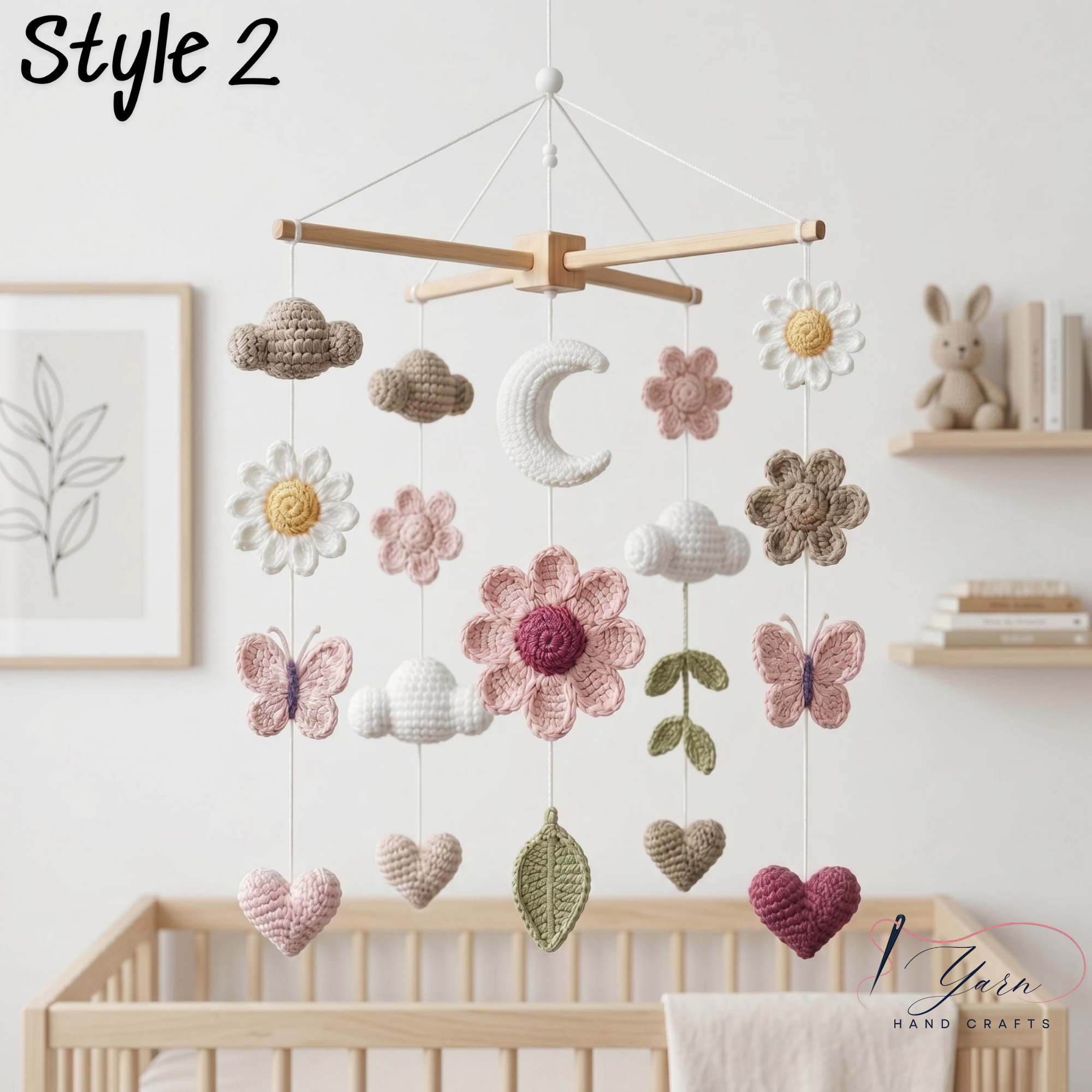 Handmade Floral Baby Mobile, Crochet Flower Crib Mobile with Butterflies, Moon & Hearts, Neutral Nursery Decor, Baby Shower Gift