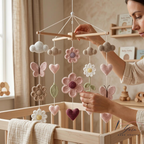 Handmade Floral Baby Mobile, Crochet Flower Crib Mobile with Butterflies, Moon & Hearts, Neutral Nursery Decor, Baby Shower Gift