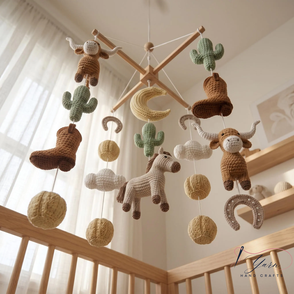 Handmade Cowboy Baby Mobile, Western Crib Mobile with Horse, Highland Cow & Cactus, Crochet Farm Nursery Decor, Baby Shower Gift