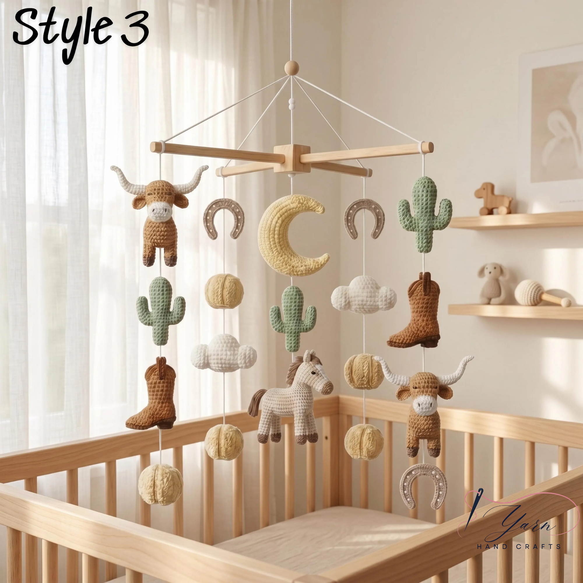 Handmade Cowboy Baby Mobile, Western Crib Mobile with Horse, Highland Cow & Cactus, Crochet Farm Nursery Decor, Baby Shower Gift