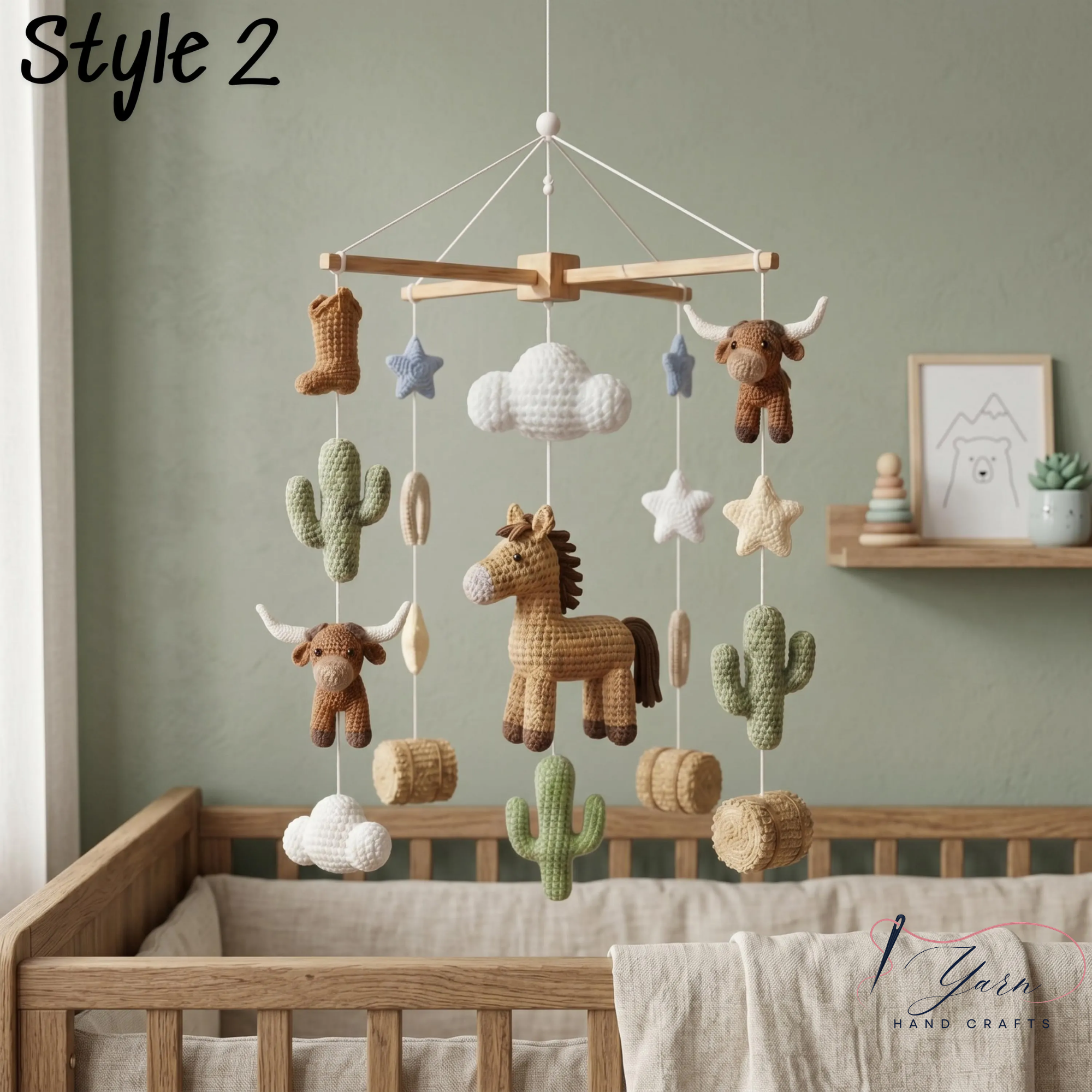 Handmade Cowboy Baby Mobile, Western Crib Mobile with Horse, Highland Cow & Cactus, Crochet Farm Nursery Decor, Baby Shower Gift