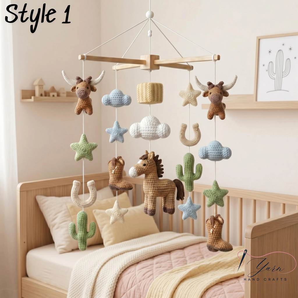 Handmade Cowboy Baby Mobile, Western Crib Mobile with Horse, Highland Cow & Cactus, Crochet Farm Nursery Decor, Baby Shower Gift