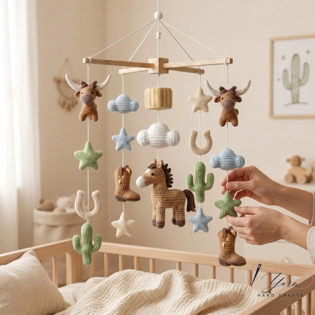 Handmade Cowboy Baby Mobile, Western Crib Mobile with Horse, Highland Cow & Cactus, Crochet Farm Nursery Decor, Baby Shower Gift