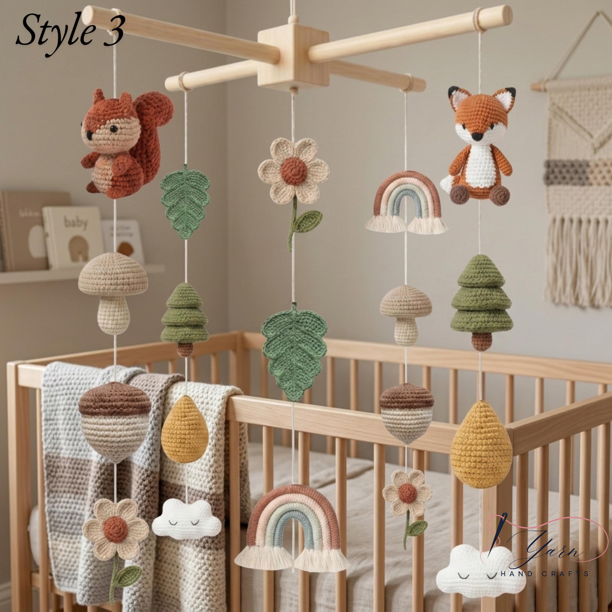 Woodland Baby Mobile, Crochet Forest Crib Mobile, Fox Deer Bunny Bird Nursery Decor, Handmade Woodland Baby Shower Gift