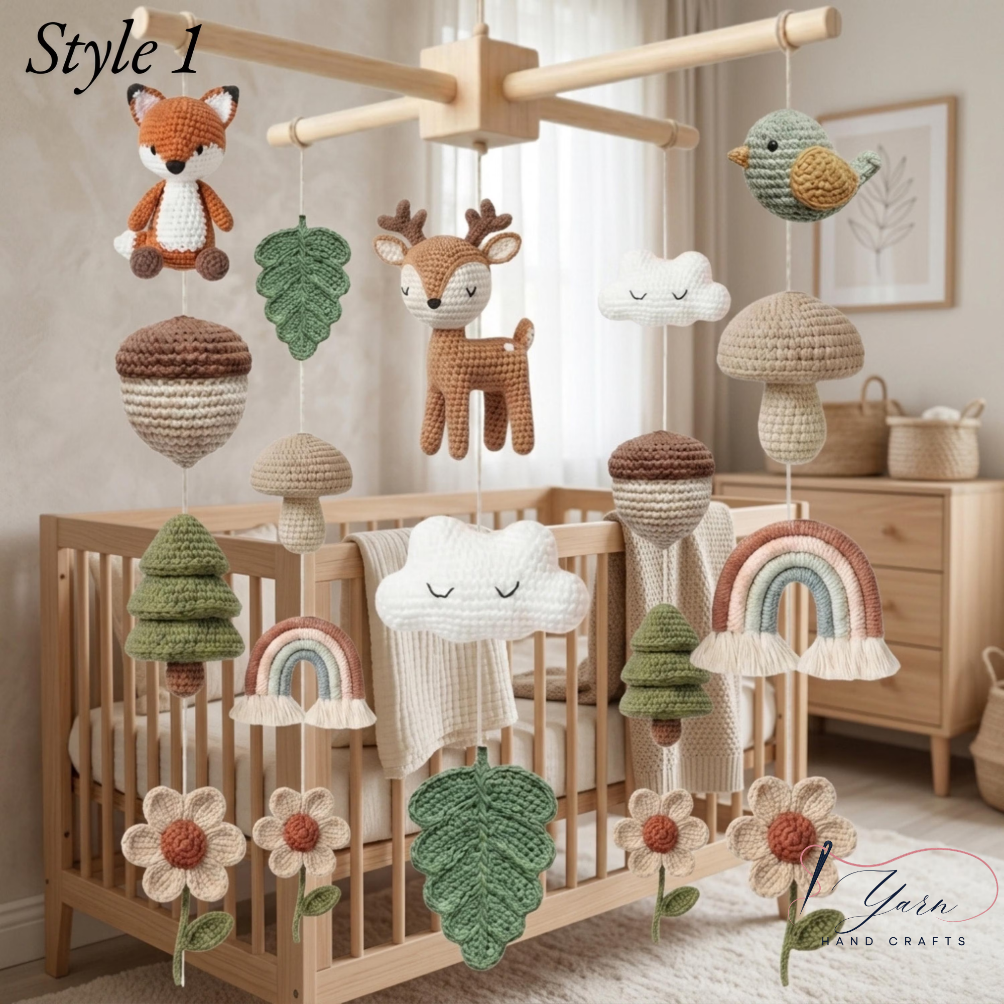 Woodland Baby Mobile, Crochet Forest Crib Mobile, Fox Deer Bunny Bird Nursery Decor, Handmade Woodland Baby Shower Gift