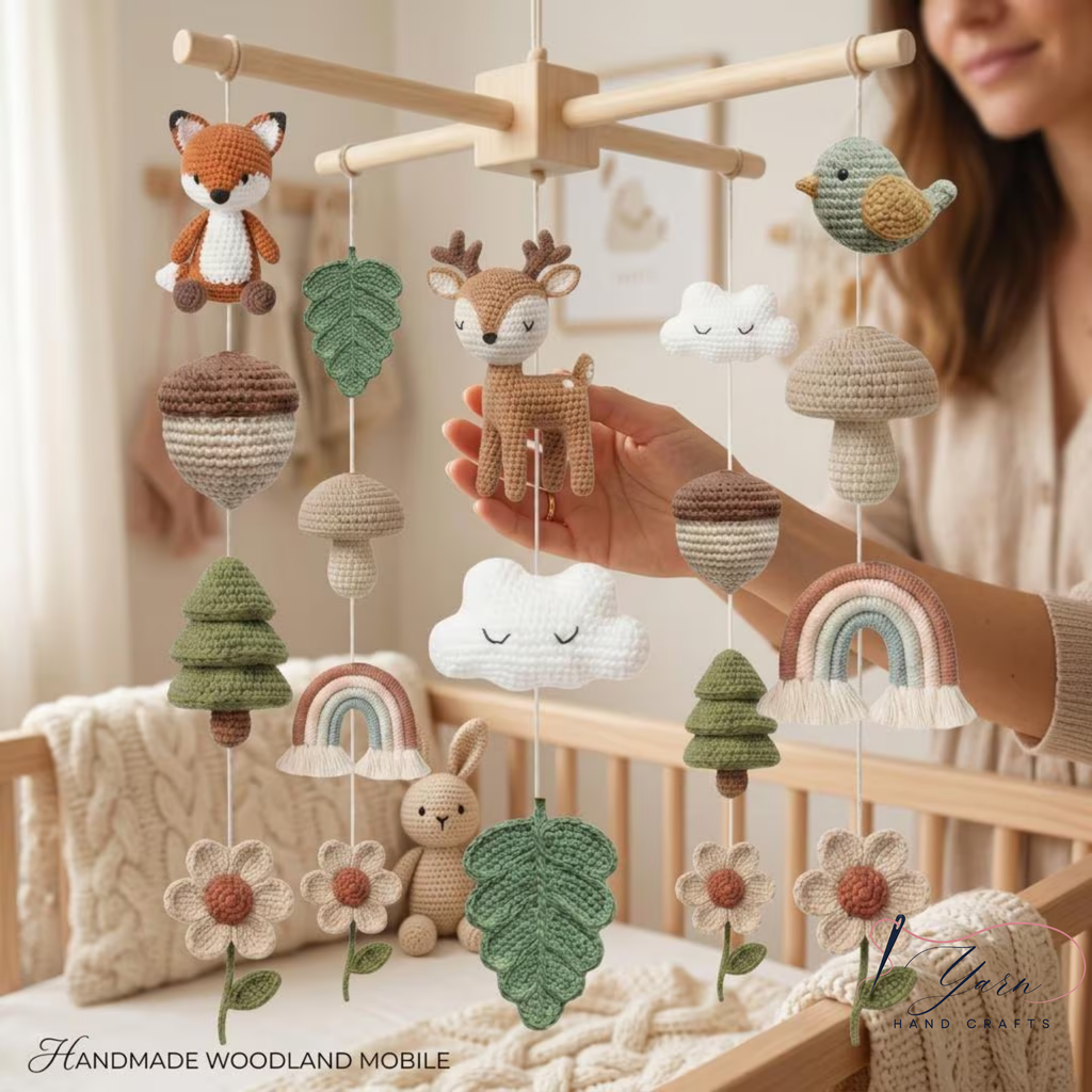 Woodland Baby Mobile, Crochet Forest Crib Mobile, Fox Deer Bunny Bird Nursery Decor, Handmade Woodland Baby Shower Gift