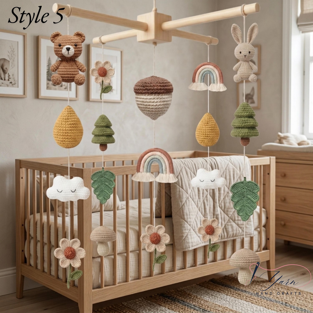 Woodland Baby Mobile, Crochet Forest Crib Mobile, Fox Deer Bunny Bird Nursery Decor, Handmade Woodland Baby Shower Gift