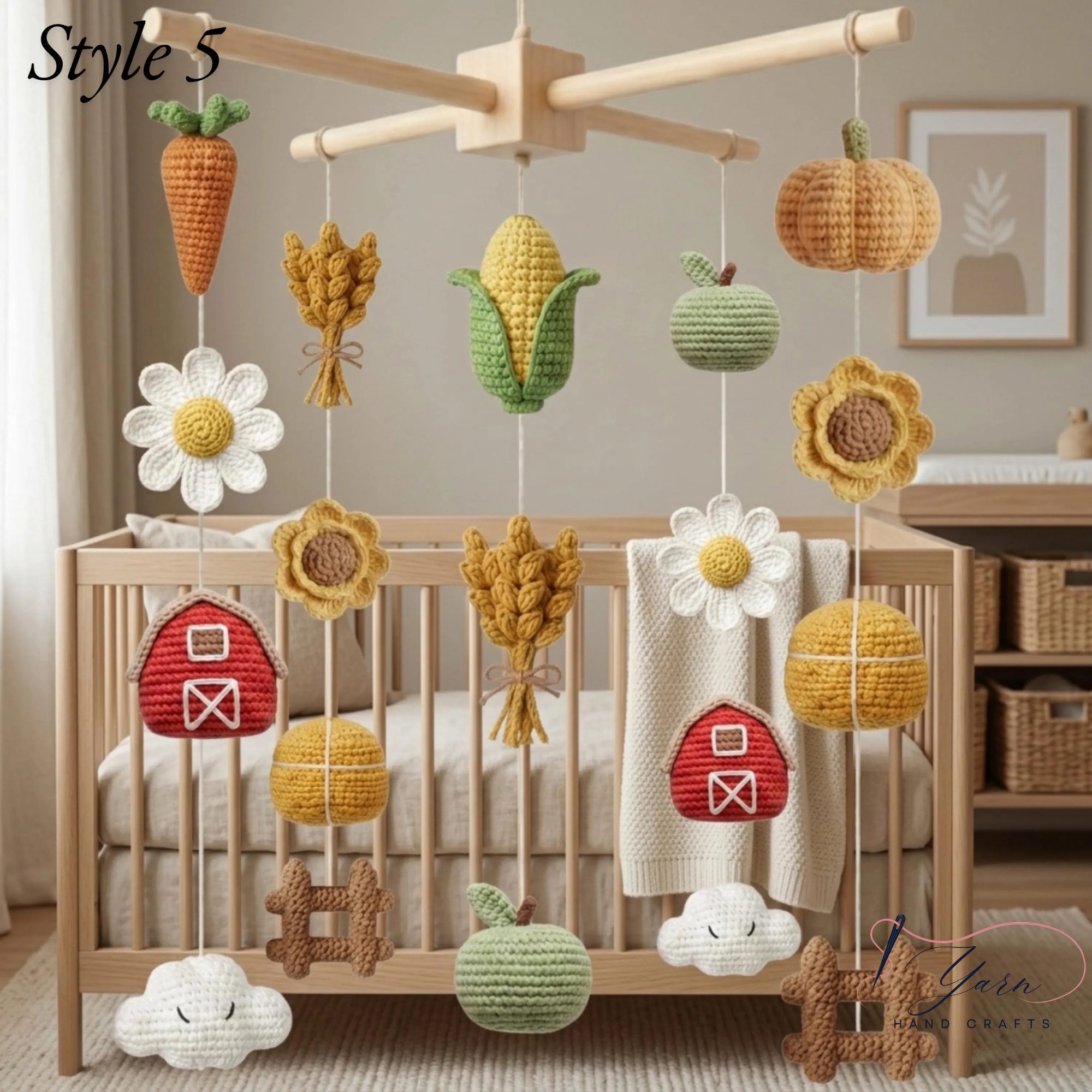 Farm Baby Mobile, Crochet Farm Crib Mobile, Handmade Barn Nursery Decor, Apple Corn Sunflower Mobile, Farm Baby Shower Gift