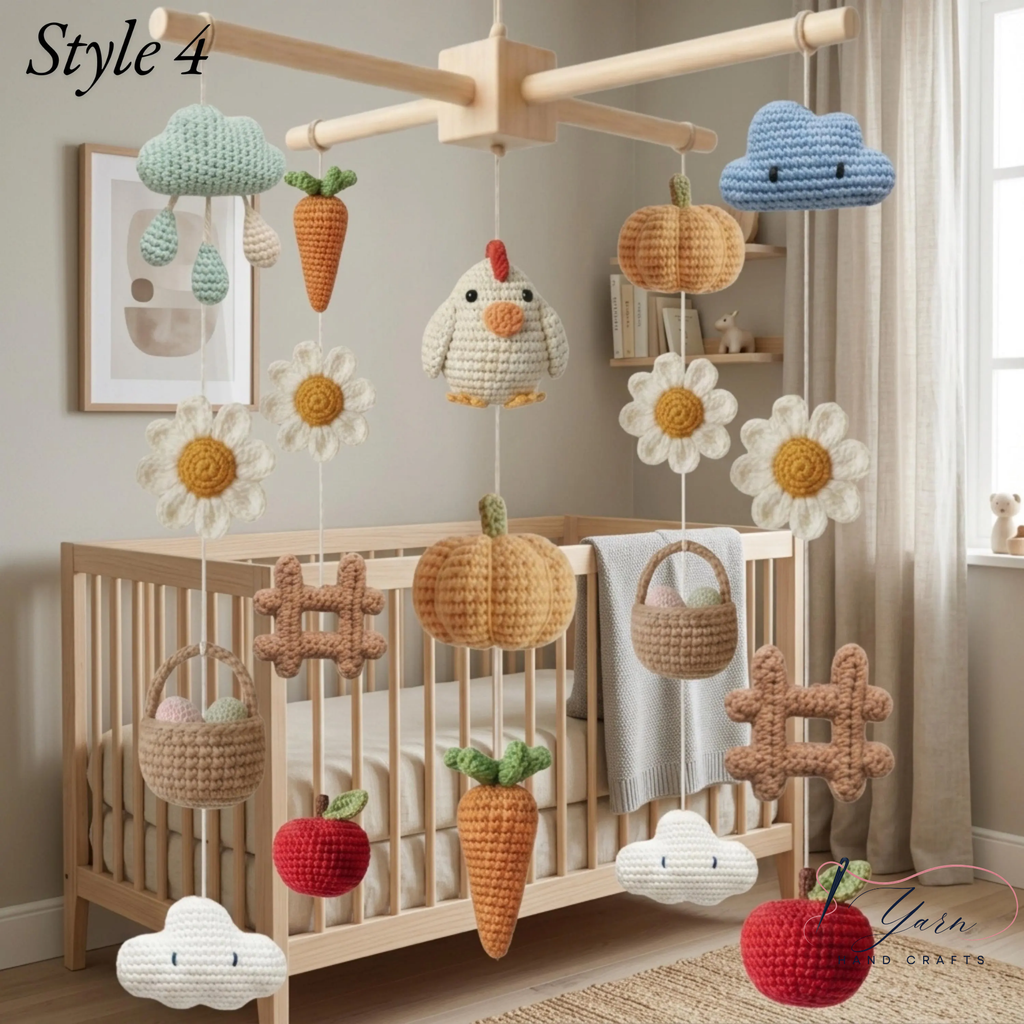Farm Baby Mobile, Crochet Farm Crib Mobile, Handmade Barn Nursery Decor, Apple Corn Sunflower Mobile, Farm Baby Shower Gift