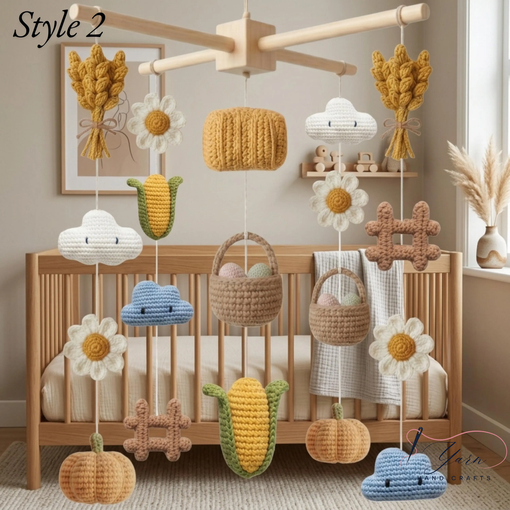 Farm Baby Mobile, Crochet Farm Crib Mobile, Handmade Barn Nursery Decor, Apple Corn Sunflower Mobile, Farm Baby Shower Gift