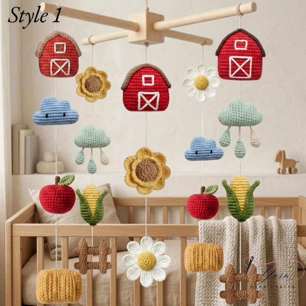Farm Baby Mobile, Crochet Farm Crib Mobile, Handmade Barn Nursery Decor, Apple Corn Sunflower Mobile, Farm Baby Shower Gift