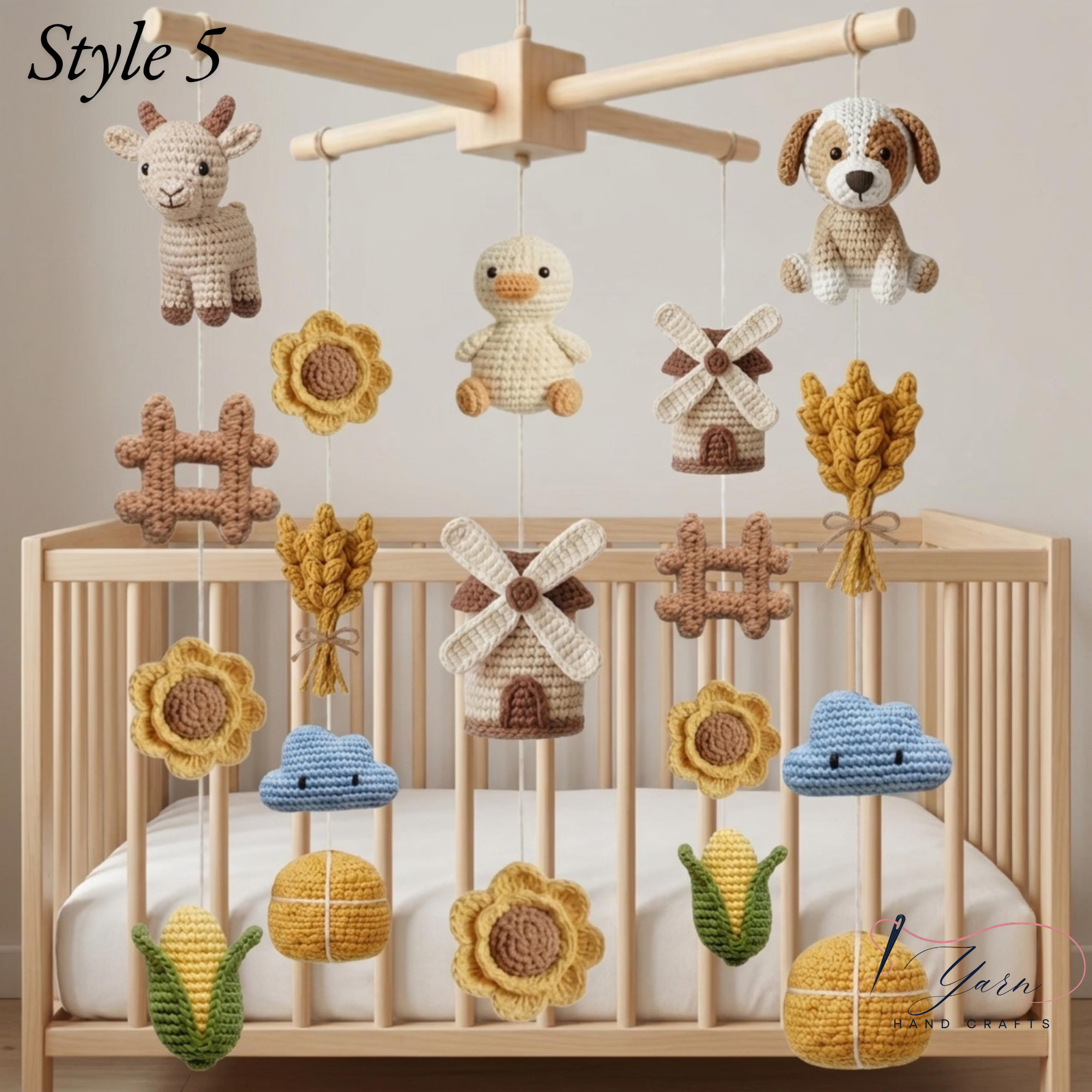 Farm Baby Mobile X Frame, Crochet Farm Nursery Mobile, Handmade Barnyard Crib Mobile, Goat Duck Tractor Baby Shower Gift