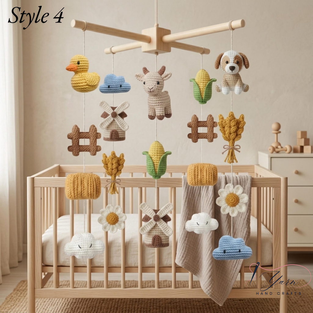 Farm Baby Mobile X Frame, Crochet Farm Nursery Mobile, Handmade Barnyard Crib Mobile, Goat Duck Tractor Baby Shower Gift