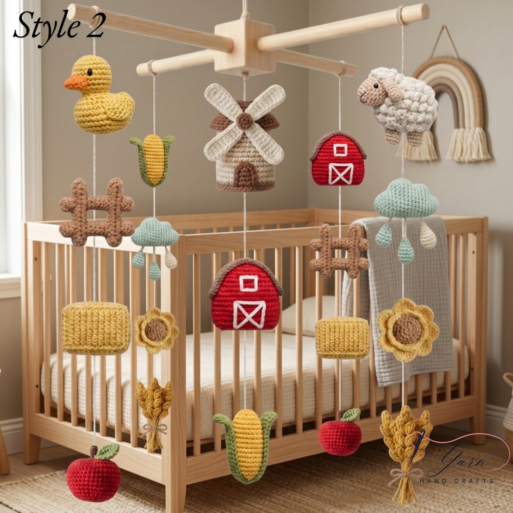 Farm Baby Mobile X Frame, Crochet Farm Nursery Mobile, Handmade Barnyard Crib Mobile, Goat Duck Tractor Baby Shower Gift