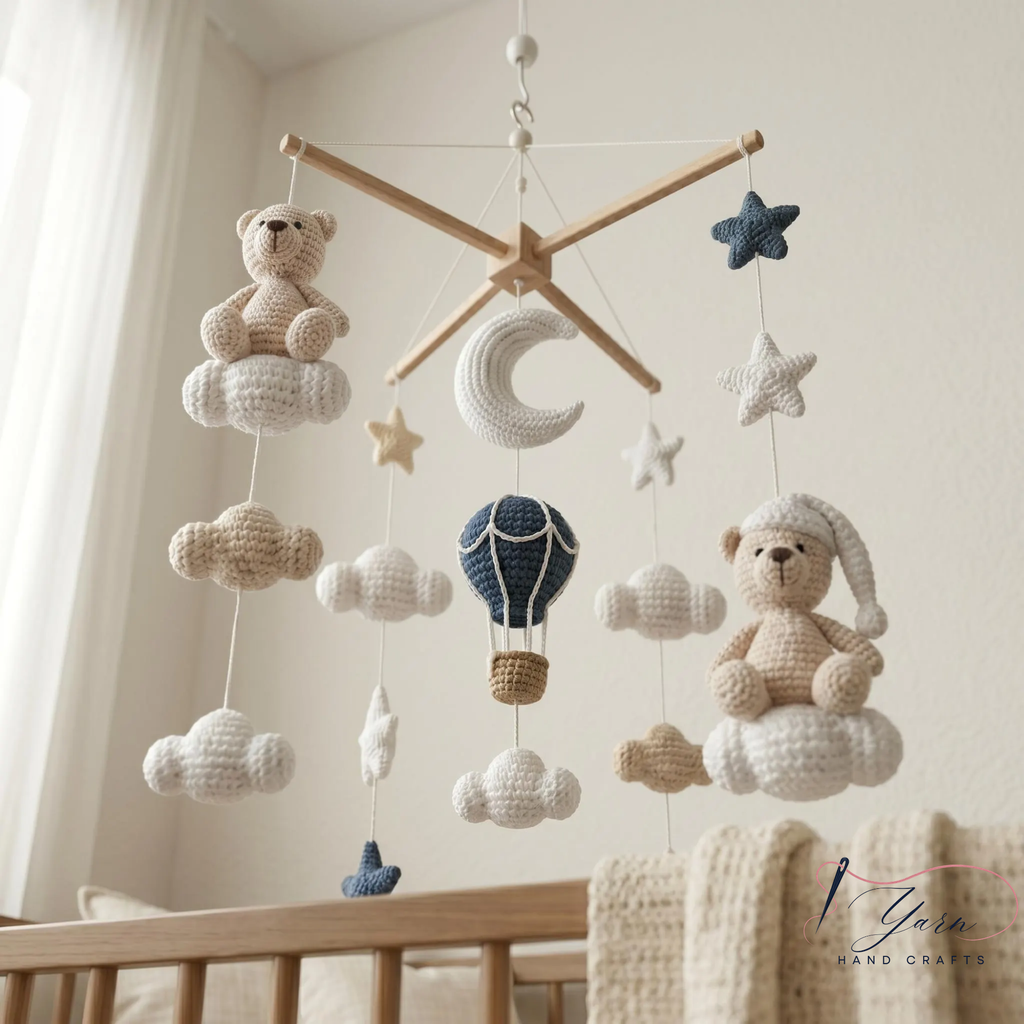 Handmade Teddy Bear Baby Mobile, Crochet Crib Mobile, Moon Star Nursery Decor, Hot Air Balloon Mobile, Neutral Baby Gift