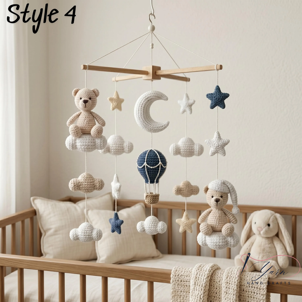 Handmade Teddy Bear Baby Mobile, Crochet Crib Mobile, Moon Star Nursery Decor, Hot Air Balloon Mobile, Neutral Baby Gift
