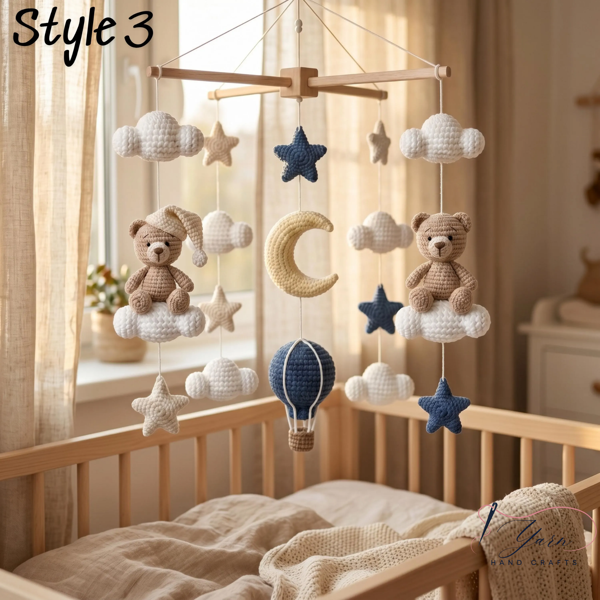 Handmade Teddy Bear Baby Mobile, Crochet Crib Mobile, Moon Star Nursery Decor, Hot Air Balloon Mobile, Neutral Baby Gift