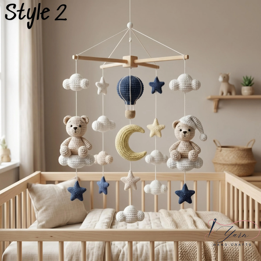 Handmade Teddy Bear Baby Mobile, Crochet Crib Mobile, Moon Star Nursery Decor, Hot Air Balloon Mobile, Neutral Baby Gift