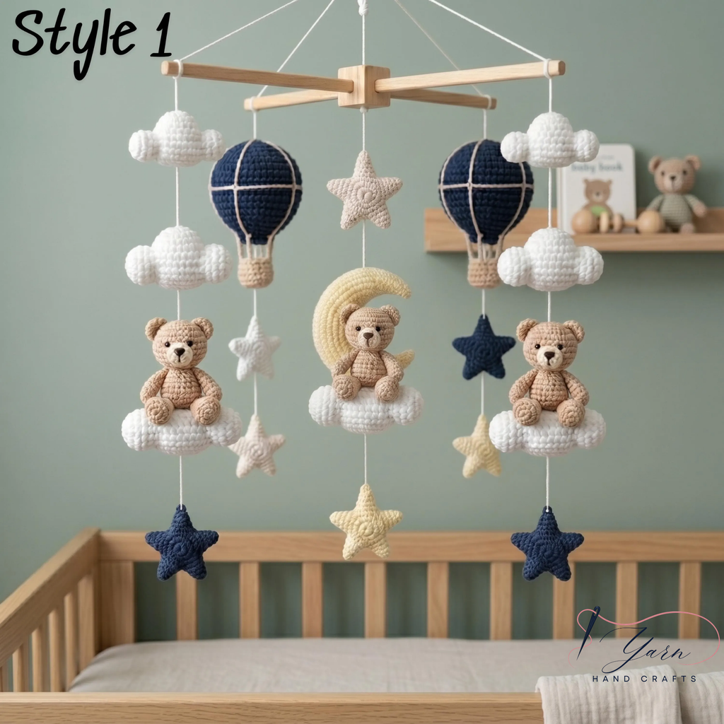 Handmade Teddy Bear Baby Mobile, Crochet Crib Mobile, Moon Star Nursery Decor, Hot Air Balloon Mobile, Neutral Baby Gift