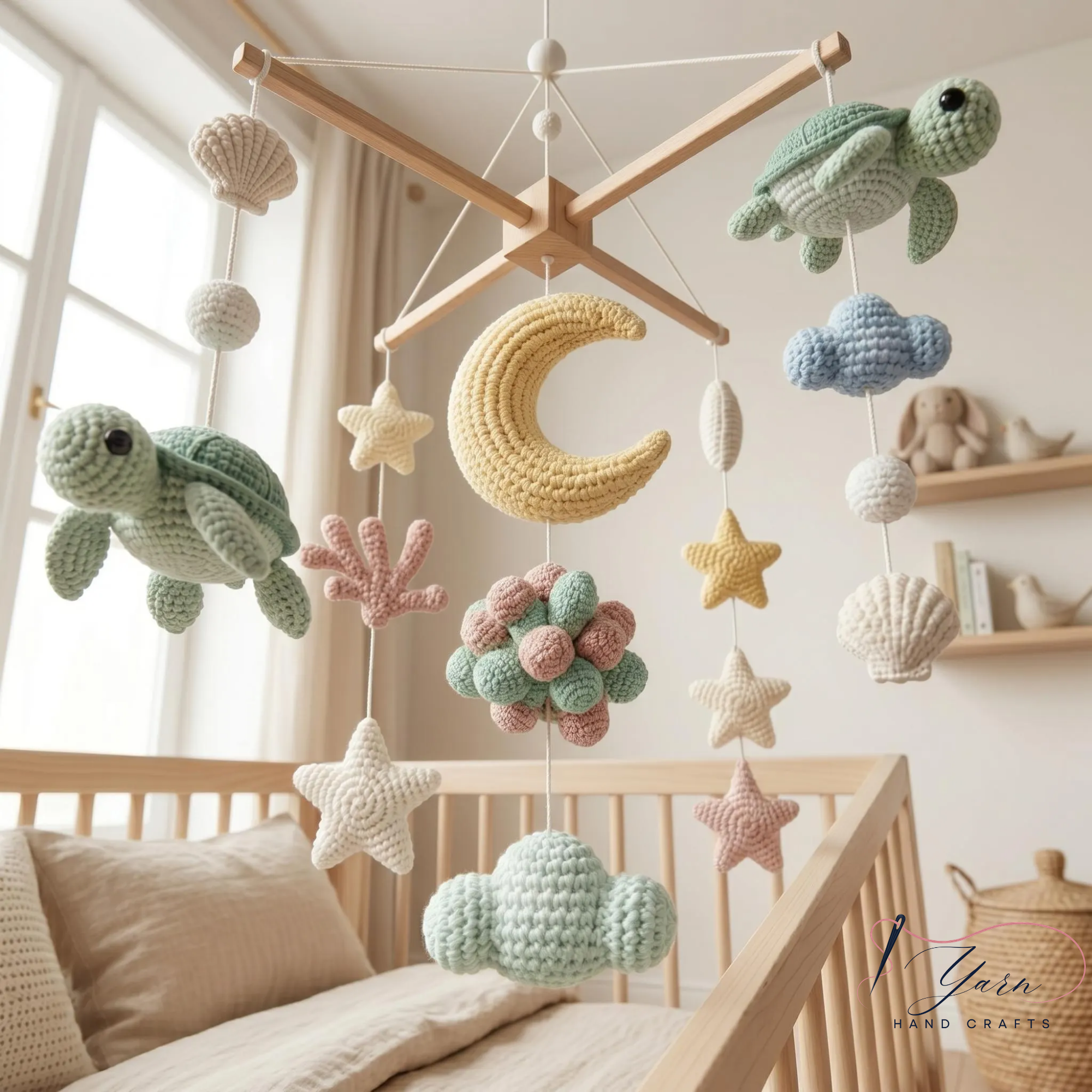 Handmade Ocean Baby Mobile, Crochet Sea Turtle Crib Mobile, Shell Star Nursery Decor, Coastal Baby Shower Gift
