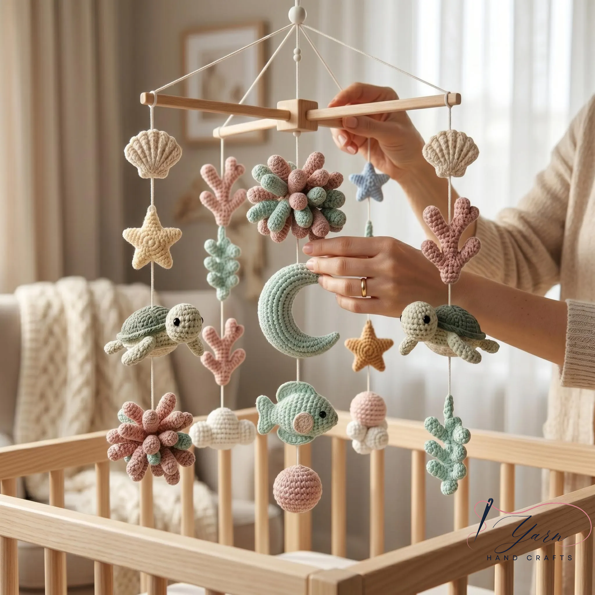 Handmade Ocean Baby Mobile, Crochet Sea Turtle Crib Mobile, Shell Star Nursery Decor, Coastal Baby Shower Gift