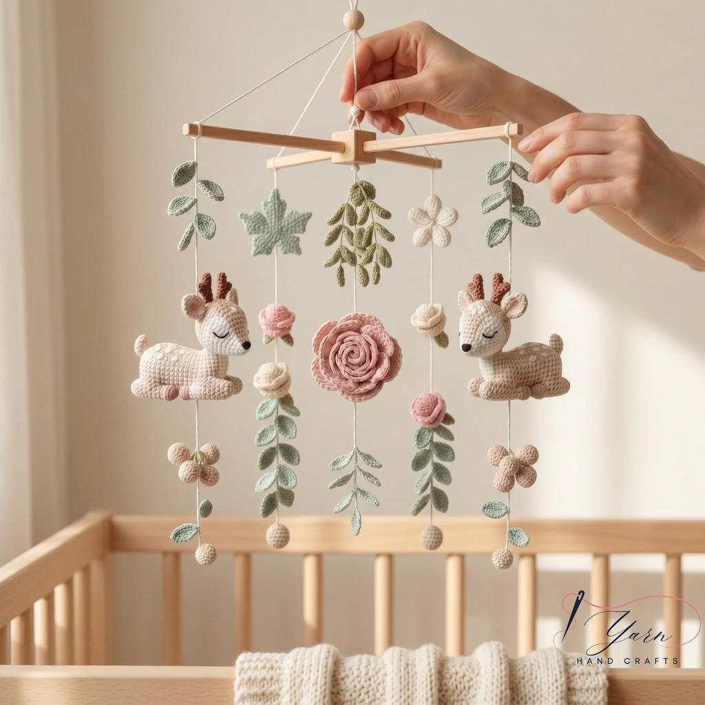 Handmade Deer Baby Mobile, Crochet Woodland Crib Mobile, Forest Nursery Decor, Boho Baby Mobile, Neutral Baby Shower Gift