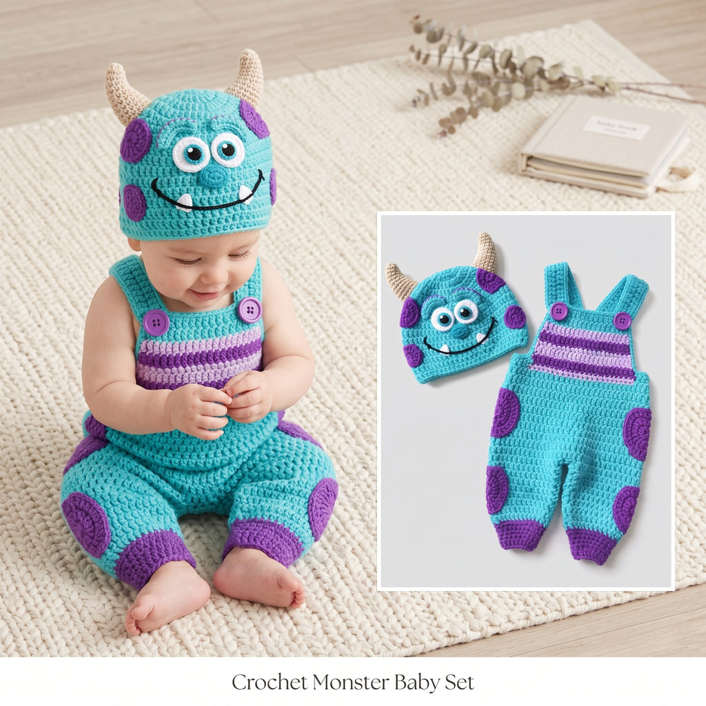 Monster Baby Outfit, Crochet Monster Romper and Hat Set, Handmade Baby Costume, Baby Shower Gift, Newborn Photo Prop Outfit