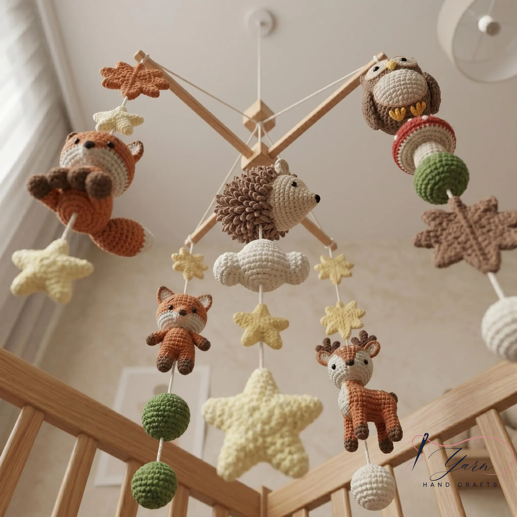 Handmade Woodland Baby Mobile, Forest Animal Crib Mobile with Fox Owl Deer Hedgehog, Crochet Nursery Decor, Custom Baby Shower Gift