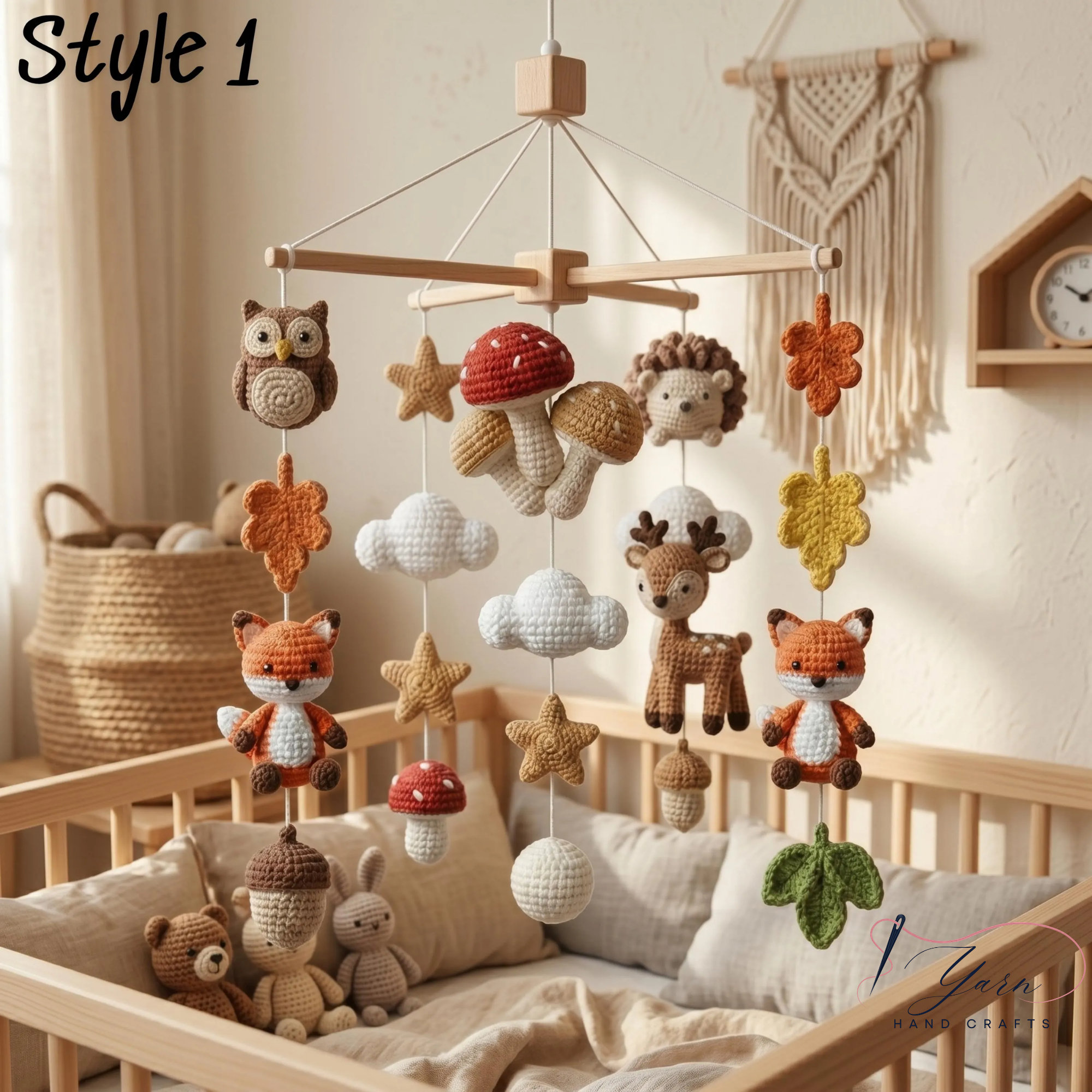 Handmade Woodland Baby Mobile, Forest Animal Crib Mobile with Fox Owl Deer Hedgehog, Crochet Nursery Decor, Custom Baby Shower Gift