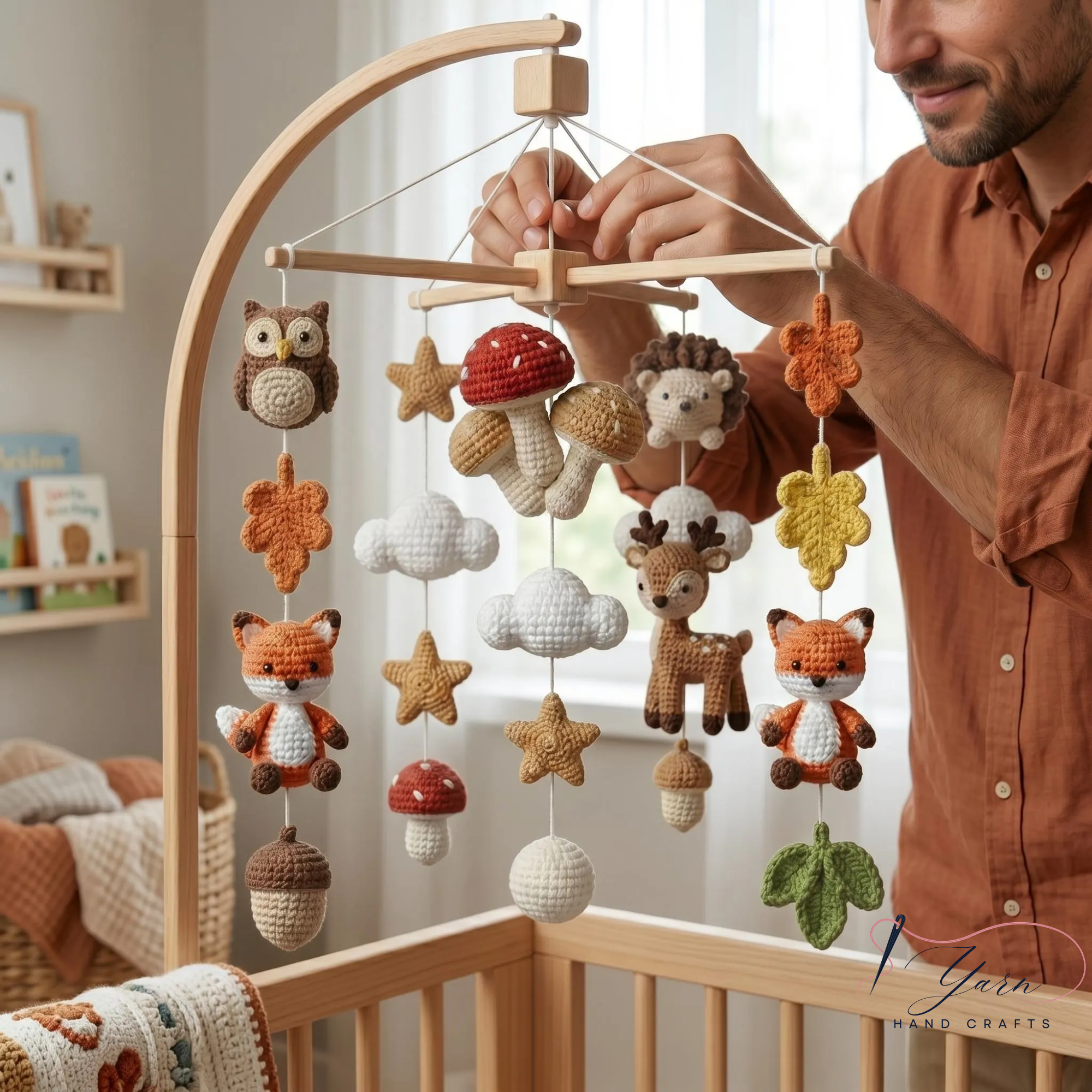 Handmade Woodland Baby Mobile, Forest Animal Crib Mobile with Fox Owl Deer Hedgehog, Crochet Nursery Decor, Custom Baby Shower Gift